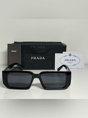 Prada Black Rectangular Sunglasses with Dark Gray Lenses